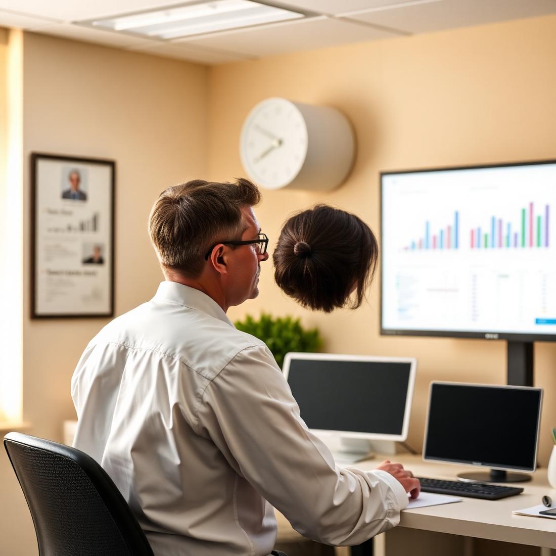 Practice manager reviewing performance data on a screen