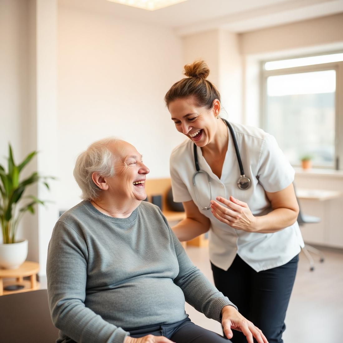 Physiotherapist and patient sharing a laugh after a session