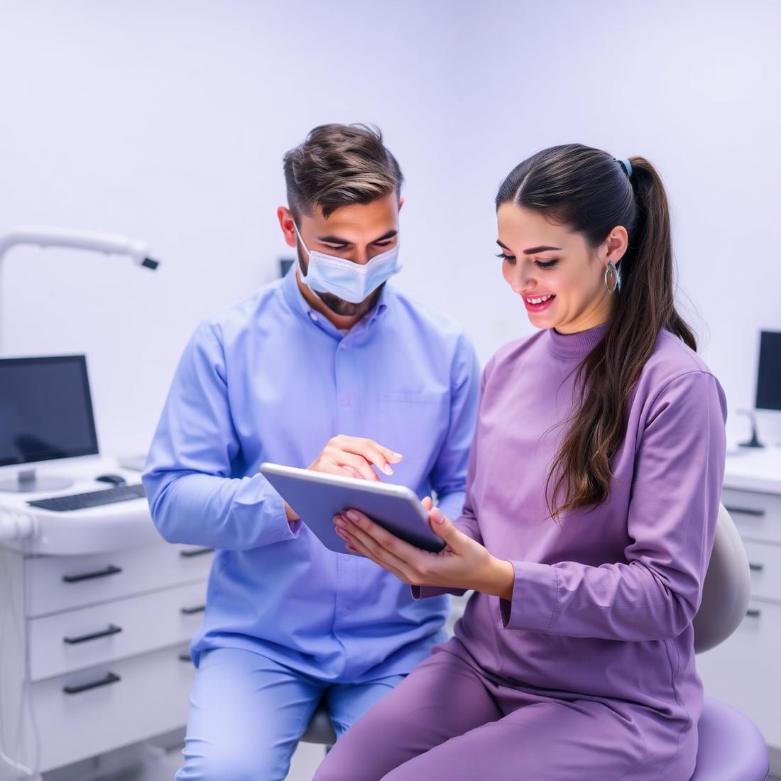 Clinician and patient reviewing information on a tablet