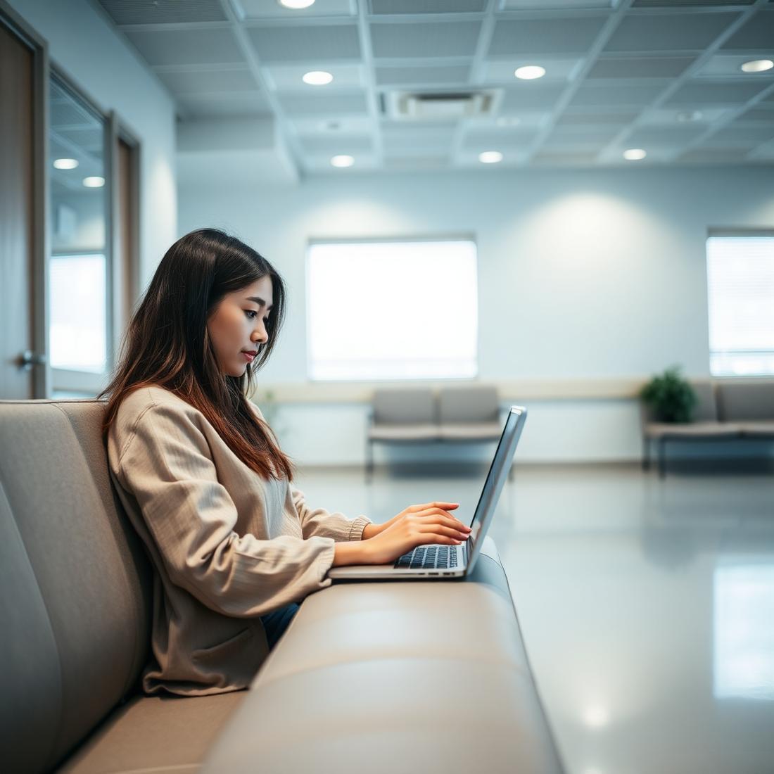 Patient using a laptop in a bright clinic waiting area